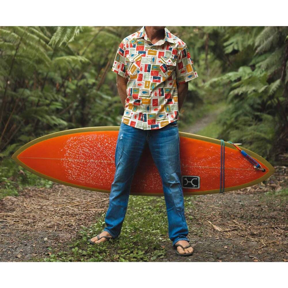 NEW WESTERN ALOHA sun dot fish flag shirt in blue